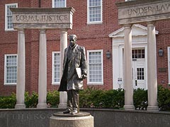 [photo, Thurgood Marshall statue at Legislative Services Building entrance, Lawyers' Mall, Annapolis, Maryland]