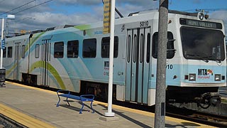 [photo, Light rail train, Cromwell Light Rail Station, 7378 Baltimore & Annapolis Blvd., Glen Burnie (Anne Arundel County), Maryland]