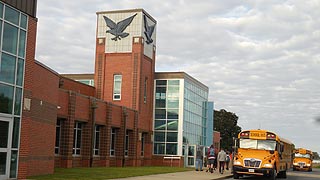 [photo, School buses at Stephen Decatur High School, 9913 Seahawk Road, Berlin (Worcester County), Maryland]